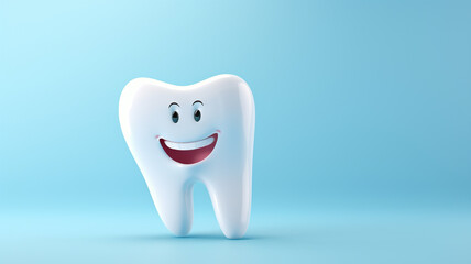white cute smiling tooth characters with faces smile on blue background - obrazy, fototapety, plakaty