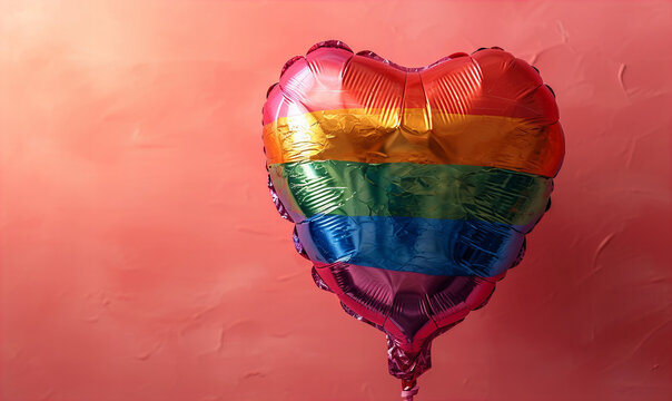 pride flag rainbow color heart foil balloon on a pink background for Valentines Day