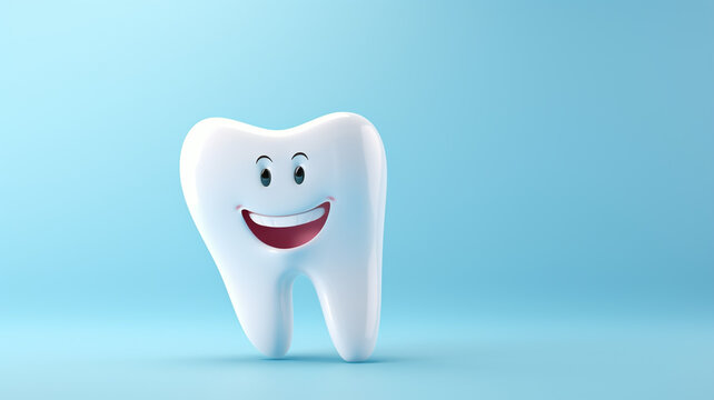 white cute smiling tooth characters with faces smile on blue background