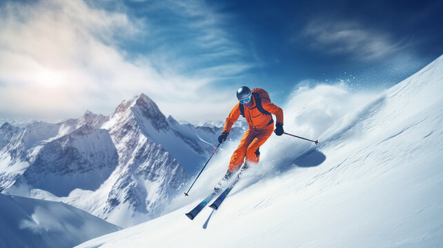 skier on background of snowy mountains