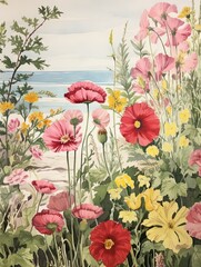 Vintage Nautical Maps Garden Scene Art: Seaside Garden and Beach Flora Painting