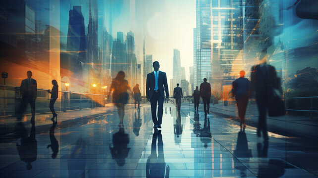 Abstract image of business people on the city double exposure