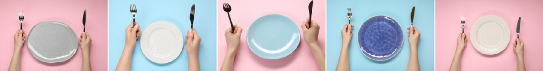 People with cutlery and clean plates on color backgrounds, top view. Collection of photos