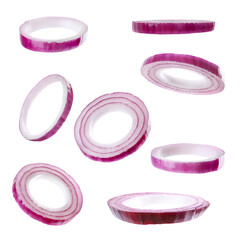 Fresh onion slices falling on white background