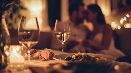Fototapeta na wymiar A Magical Night of Couples First Date. Love Couple's First Kiss Amidst a Romantic Dinner Ready with Fine Wine on Valentine's Day date. girls first blind date. 