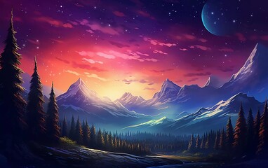 Fototapeta na wymiar vector illustration of majestic Mountains with colorful sunset background, very beautiful shooting stars