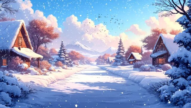 rural life with winter background with cartoon illustration. seamless looping 4k time-lapse virtual video animation background