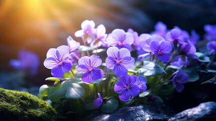 Beautiful violets are blooming in the sunshine