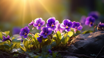 Beautiful violets are blooming in the sunshine