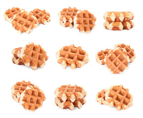 Tasty Belgian waffles isolated on white, collection