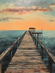 Fototapeta premium Vintage Seaside Piers Handmade Landscape Painting - Pier Craft: A Captivating Original Dock Art