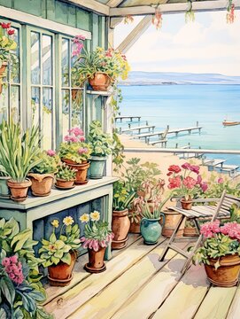 Vintage Seaside Piers Garden Scene Art: Coastal Botanical Wall Art with Pier Plants