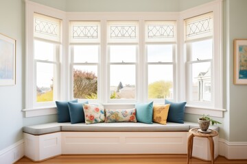 bay window with seat and cushion in victorian interior - obrazy, fototapety, plakaty