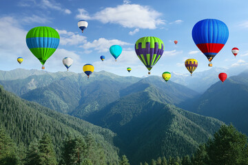 Naklejka premium Bright hot air balloons flying in sky with clouds over mountains