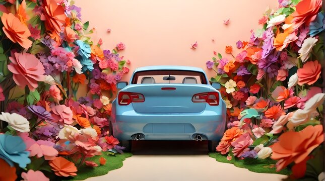 View of three-dimensional car with colorful flowers garden. 3D render, background illustration