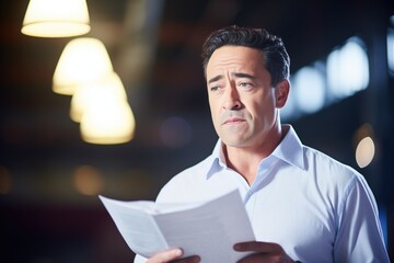 actor reading script under stage lights