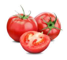 Whole and cut ripe tomatoes isolated on white