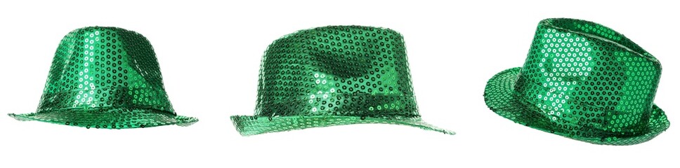 St. Patrick's Day. Green sequin hats isolated on white, set