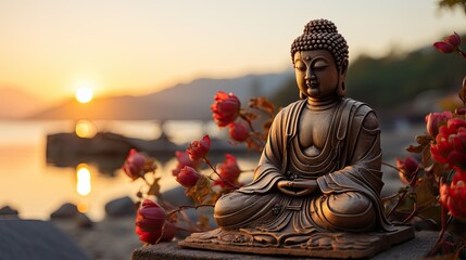 A buddha statue with its eyes close, at sunrise - obrazy, fototapety, plakaty
