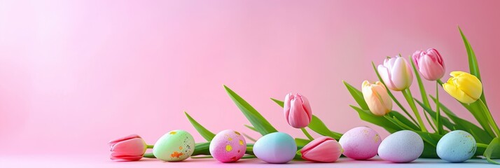  Happy Easter Colourful Eggs Tulip Flower, Banner Image For Website, Background, Desktop Wallpaper