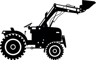 Silhouette of Compact Skid Steer Loader with Bucket and Wheels Icon in Flat Style. Vector Illustration