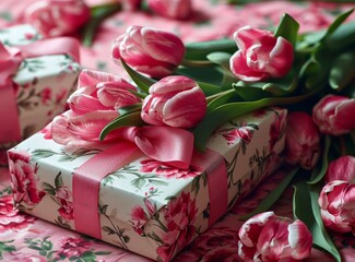 Gift box with pink tulips on a rustic background.