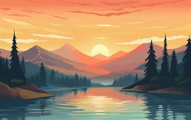 Beautiful vector landscape illustration - Warm and peaceful sunrise over the mountains - obrazy, fototapety, plakaty