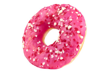Levitation of pink donuts with cookie crumbs isolated on transparent background.