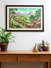 Whimsical Woodland Creatures: Rolling Hills Art in a Framed Landscape Print