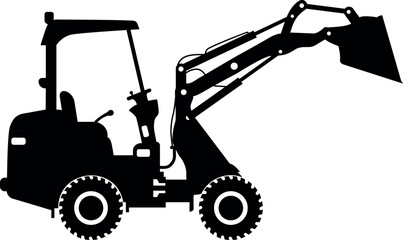 Silhouette of Compact Skid Steer Loader with Bucket and Wheels Icon in Flat Style. Vector Illustration