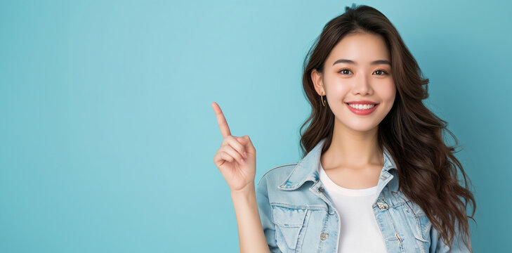 Asian woman presents, pointing with copy space light blue background, portrait captures the beauty, confidence, and elegance of a young and attractive Asian model.
