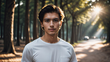 Young man with t-shirt in the park at day light - obrazy, fototapety, plakaty