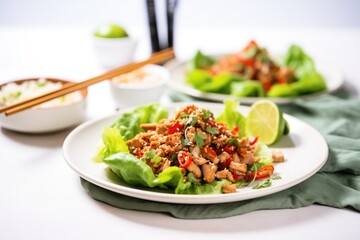 a platter of turkey lettuce wraps garnished with sesame seeds