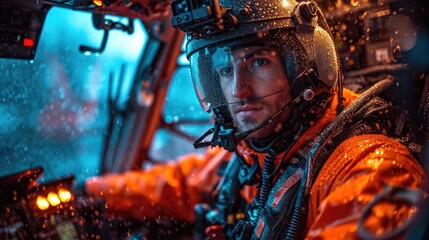 Heroic Rescue Helicopter Pilot Braving Severe Storm Conditions to Navigate Towards People in Urgent Need of Assistance - obrazy, fototapety, plakaty