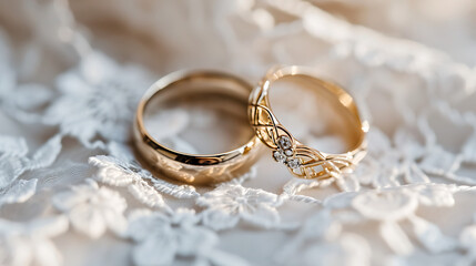 Obraz na płótnie Canvas A close-up of intertwined gold wedding rings placed on a bed of delicate white lace with soft, warm lighting