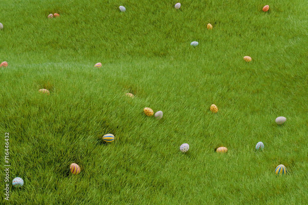 Poster many easter colorful eggs in the grass. 3d rendering