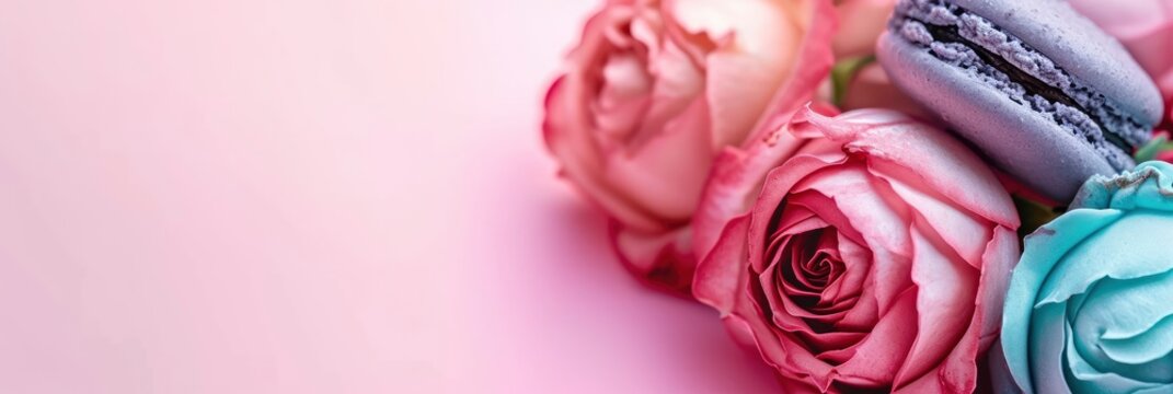  Multicolored Macaroon Rose Flower On Colored, Banner Image For Website, Background, Desktop Wallpaper