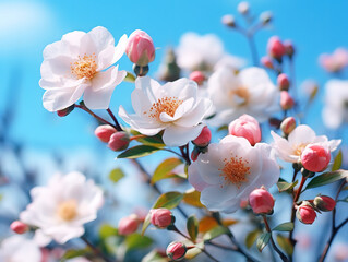 Beautiful spring border, blooming rose bush on a blue background, Flowering rose hips