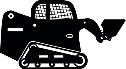 Silhouette of Skid Steer Loader with Bucket and Track Icon in Flat Style. Vector Illustration