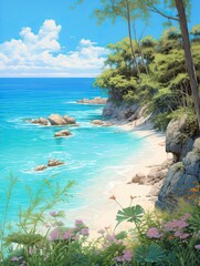 Fototapeta na wymiar Turquoise Waters: Wilderness National Park Vistas Beach Scene Painting