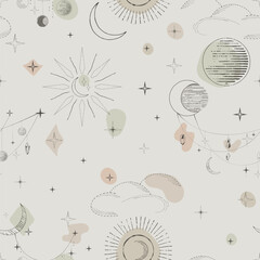 Celestial seamless pattern. Light vector pattern with moons and stars - 716447095