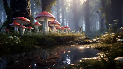Dreamlike setting where Amanita muscari mushrooms - obrazy, fototapety, plakaty