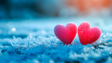 Fototapeta premium Poster or banner of two hearts sitting on the snow covered ground under light. Vibe of Valentine day and romantic