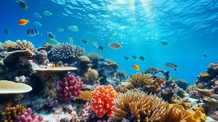 Fototapeta na wymiar Coral reef colony in the sea landscape. Underwater scene background with colorful corals, sea anemone, actiniaria tropical fishes. Concept of climate change and ocean acidification on marine