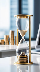 Hourglass on a white table with coins in a bright office.