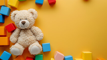 Kids toys background with teddy bear and colorful