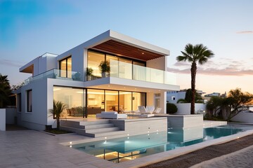 Modern minimalist white house with glass windows and a swimming pool