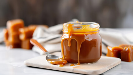 Homemade salted caramel in glass jar on kitchen table - 716449426