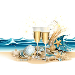 A beach where there are sparkling jewels, and the waves are made of champagne illustration. isolated on white background