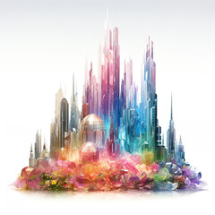 A city made entirely of crystals, with rainbow lights reflecting on every surface. isolated on a white background,abstract, rainbow, background, light, backdrop, reflection, design, overlay, blurred,  - obrazy, fototapety, plakaty